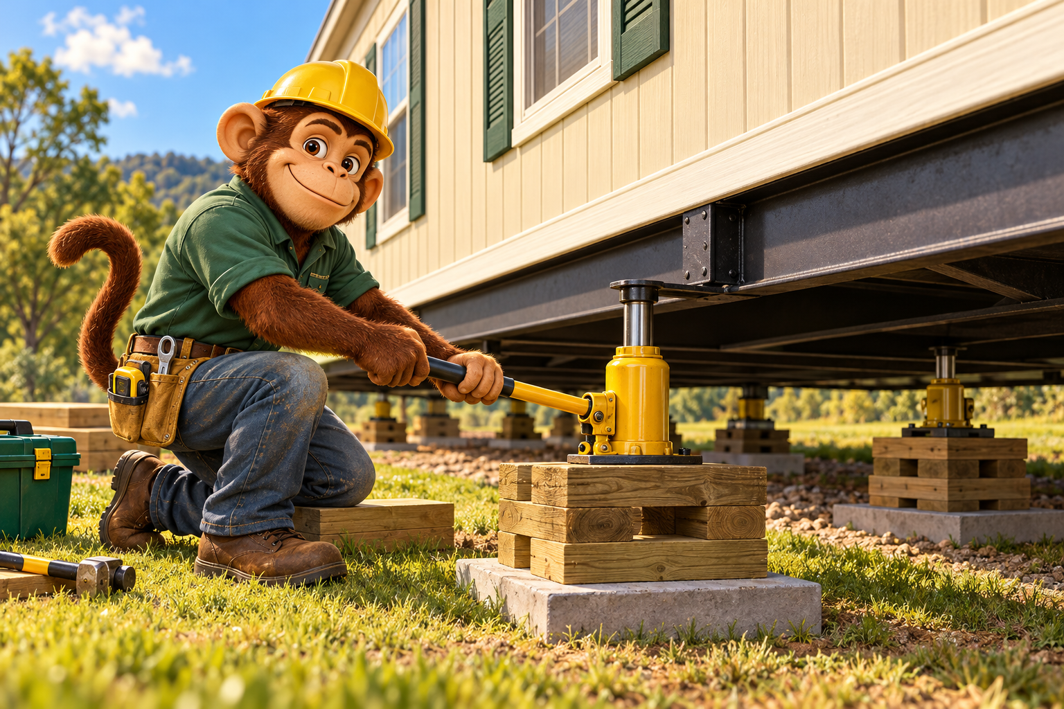 Hard-hat monkey using jacks beside the chassis of a manufactured home