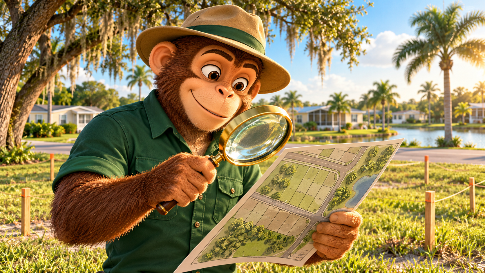 Our explorer monkey inspecting a parcel map with a magnifying glass