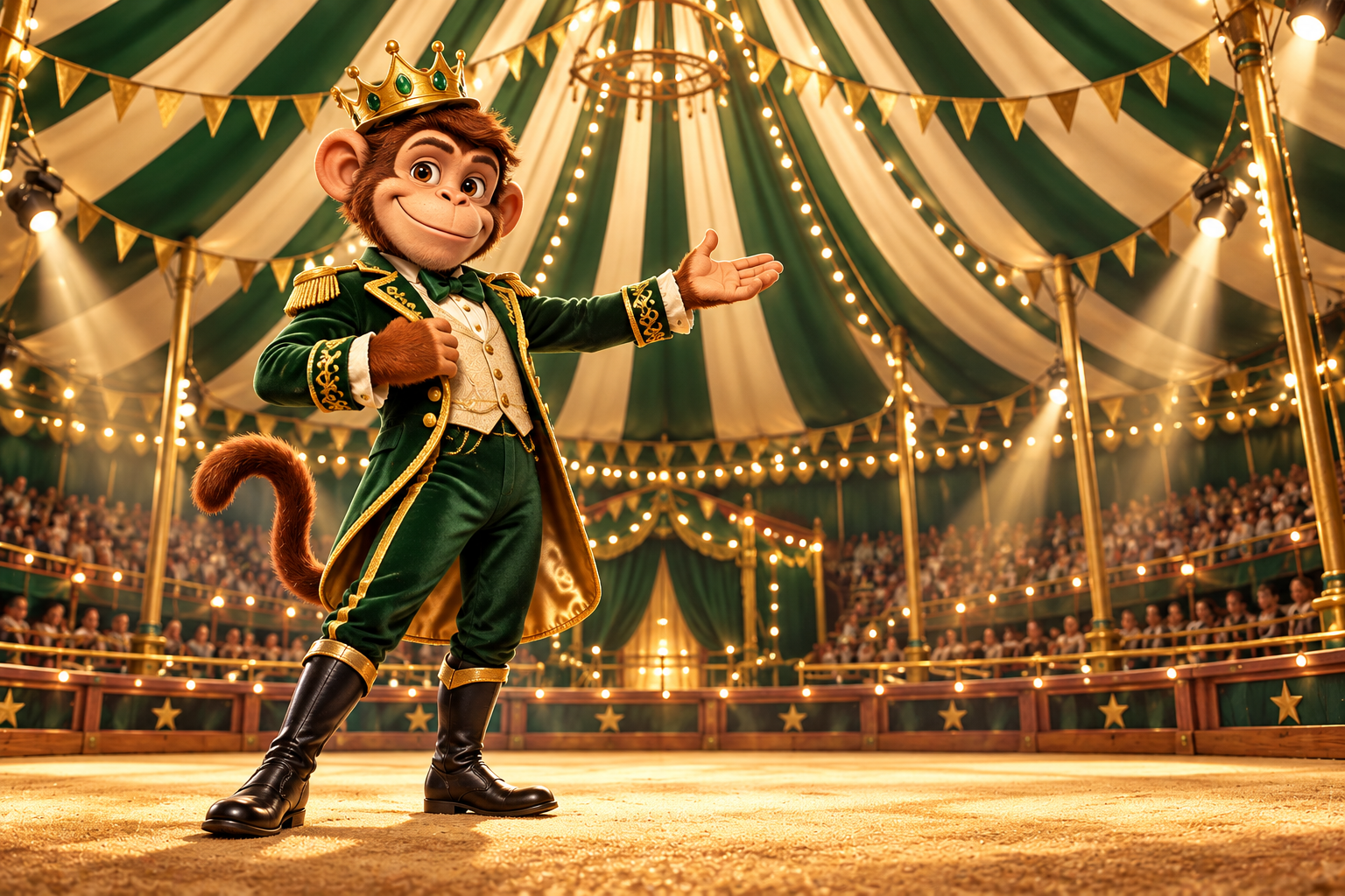 The Monkey King welcoming visitors inside a green and gold circus tent