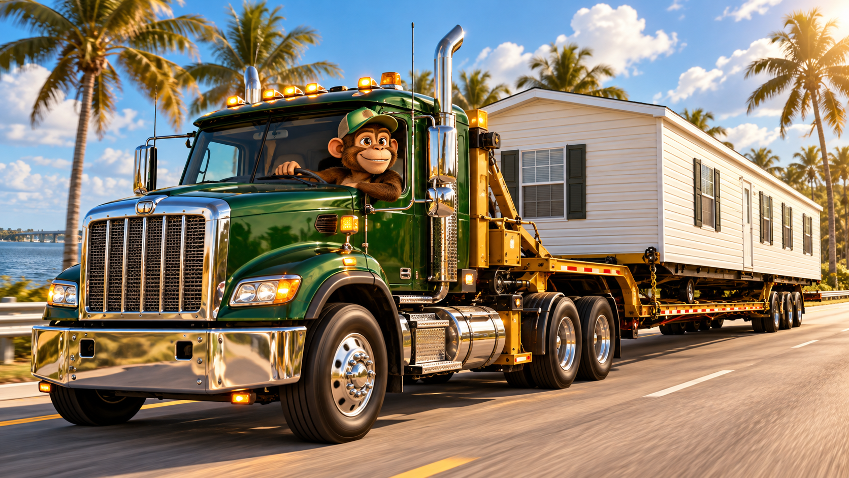 Monkey driving a truck transporting a manufactured home along a Florida highway